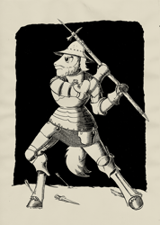 Size: 912x1280 | Tagged: safe, artist:darkhestur, imported from derpibooru, oc, oc:coalheart, anthro, armor, arrow, beard, facial hair, kettle hat, knight, man at arms, monochrome, pollaxe, solo