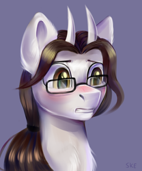 Size: 3000x3600 | Tagged: safe, artist:ske, imported from derpibooru, oc, oc only, dragon, hybrid, pony, autograph, blushing, chest fluff, ear fluff, eyebrows, glasses, long hair, purple background, simple background, solo, tooth