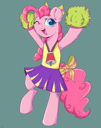 Size: 3590x4547 | Tagged: safe, artist:ske, imported from derpibooru, pinkie pie, earth pony, pony, bipedal, bow, cheerleader, cheerleader outfit, cheerleader pinkie, clothes, female, green background, hair bow, mare, megaphone, one eye closed, open mouth, pom pom, raised hoof, simple background, skirt, solo, tail, tail bow