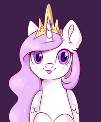 Size: 3000x3600 | Tagged: safe, artist:ske, imported from derpibooru, princess celestia, alicorn, pony, :p, commission, crown, cute, cutelestia, ear fluff, female, filly, filly celestia, foal, folded wings, jewelry, looking at you, mare, pink-mane celestia, purple background, regalia, simple background, solo, tongue out, weapons-grade cute, wings, young, young celestia, younger