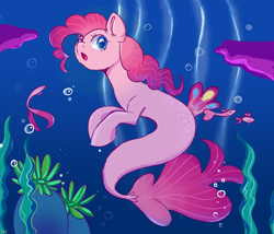 Size: 2800x2400 | Tagged: safe, artist:ske, imported from derpibooru, pinkie pie, earth pony, fish, pony, seapony (g4), blue eyes, bubble, digital art, dorsal fin, female, fish tail, flowing mane, flowing tail, high res, mare, ocean, open mouth, pink mane, seaponified, seapony pinkie pie, seaquestria, seaweed, solo, species swap, swimming, tail, underwater, water