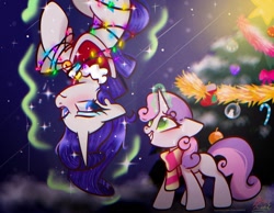 Size: 1368x1063 | Tagged: safe, artist:petaltwinkle, imported from derpibooru, rarity, sweetie belle, pony, unicorn, belle sisters, blushing, christmas, christmas lights, christmas tree, clothes, duo, female, filly, foal, frown, holiday, levitation, looking at each other, looking at someone, magic, mare, scarf, shawl, siblings, sisters, tangled up, telekinesis, tree, upside down