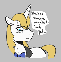 Size: 215x218 | Tagged: safe, artist:dsstoner, imported from derpibooru, prince blueblood, pony, unicorn, aggie.io, blushing, clothes, implied shipping, lowres, male, simple background, stallion, thinking, thought bubble