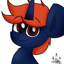 Size: 1024x1024 | Tagged: safe, artist:nhale, imported from derpibooru, oc, oc only, oc:fizakn catto, pony, unicorn, autograph, big ears, chest fluff, eyebrows, eyebrows visible through hair, looking at you, male, red eyes, short hair, simple background, smiling, smiling at you, solo, white background