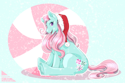 Size: 4600x3050 | Tagged: safe, artist:katarablankart, imported from derpibooru, minty, earth pony, pony, candy, christmas, female, food, g3, hat, holiday, looking at you, mare, santa hat, sitting, solo