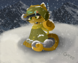 Size: 4925x4001 | Tagged: safe, artist:gean, imported from derpibooru, oc, oc only, oc:dust ball, earth pony, pony, clothes, coat, complex background, digital painting, helmet, microphone, mountain, mountain range, painting, scarf, sitting, snow, snowfall, solo