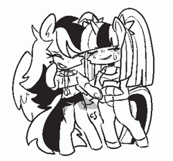 Size: 746x696 | Tagged: safe, artist:cutiesparke, imported from derpibooru, rainbow dash, twilight sparkle, pegasus, semi-anthro, unicorn, arm hooves, black and white, chest fluff, clothes, duo, ear fluff, eyes closed, female, grayscale, grin, happy, jacket, lesbian, midriff, monochrome, pants, pigtails, shipping, short shirt, shorts, simple background, smiling, sweat, sweatdrop, sweater, twidash, twintails, white background