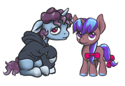 Size: 1560x1080 | Tagged: safe, artist:multiverseequine, derpibooru exclusive, imported from derpibooru, oc, oc only, oc:boreal evening, oc:terracotta light, pony, unicorn, bow, brother and sister, clothes, colored, colored hooves, colt, daybreak island, duo, female, filly, foal, full body, hair bow, hoodie, horn, looking at you, male, multicolored hair, pony oc, purple eyes, red eyes, siblings, simple background, sitting, smiling, tail, tail bow, transparent background, unicorn oc, young