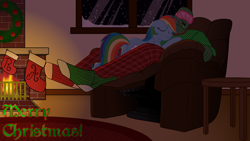 Size: 3840x2160 | Tagged: safe, artist:legendoflink, imported from derpibooru, rainbow dash, oc, oc:anon, human, pegasus, pony, chair, christmas, christmas stocking, christmas wreath, clothes, cute, dashabetes, duo, eyes closed, female, fire, fireplace, holiday, human male, male, mare, merry christmas, recliner, sleep mask, sleeping, smiling, snow, snowfall, sweater, text, window, wreath