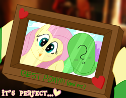 Size: 4500x3500 | Tagged: safe, artist:legendoflink, imported from derpibooru, part of a set, fluttershy, oc, oc:anon, human, pegasus, pony, bust, dialogue, duo, heart, hearth's warming, holding up, looking at you, picture frame, portrait, simple background, text, wholesome, wingding eyes