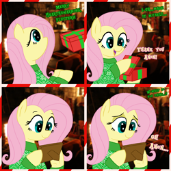 Size: 3500x3500 | Tagged: safe, artist:legendoflink, imported from derpibooru, fluttershy, pony, 4 panel comic, christmas, clothes, comic, dialogue, female, heart, heart eyes, hearth's warming, holiday, implied anon, mare, picture frame, present, smiling, solo, sweater, wingding eyes