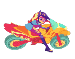 Size: 4500x3559 | Tagged: safe, artist:gmaplay, imported from derpibooru, sunset shimmer, human, equestria girls, friendship games, clothes, female, helmet, high res, motorcycle, riding, simple background, solo, transparent background, uniform