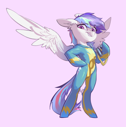 Size: 1882x1897 | Tagged: source needed, safe, artist:blue ink, imported from derpibooru, oc, oc:lightning dash, pegasus, bipedal, clothes, ear fluff, goggles, pegasus oc, pink background, simple background, solo, spread wings, uniform, wings, wonderbolts uniform
