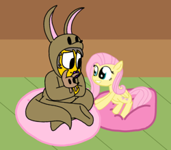 Size: 580x507 | Tagged: safe, artist:haileykitty69, imported from derpibooru, fluttershy, human, kangaroo, pegasus, pony, ageplay, beanbag chair, clothes, costume, crack shipping, crossed legs, crossover, crossover shipping, cushion, duo, female, fluttermour, kigurumi, looking at each other, looking at someone, male, mare, onesie, pacifier, plushie, seymour skinner, shipping, sitting, smiling, the simpsons