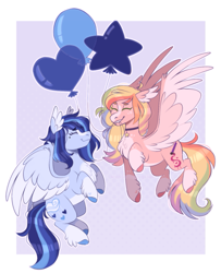 Size: 1063x1307 | Tagged: safe, artist:wanderingpegasus, imported from derpibooru, oc, oc only, pegasus, pony, balloon, chest fluff, duo, ear fluff, eyes closed, heart, heart balloon, mouth hold, pegasus oc, smiling, spread wings, wings