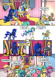 Size: 955x1351 | Tagged: safe, artist:mysticalpha, imported from derpibooru, princess celestia, princess luna, alicorn, earth pony, pegasus, pony, unicorn, comic:day in the lives of the royal sisters, female, leaving, magic, male, mare, royal guard, stallion, traditional royal canterlot voice