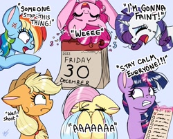 Size: 2343x1882 | Tagged: safe, artist:galaxy swirl, imported from derpibooru, applejack, fluttershy, pinkie pie, rainbow dash, rarity, twilight sparkle, alicorn, earth pony, pegasus, pony, unicorn, calendar, checklist, confetti, cross-popping veins, crying, emanata, glowing, glowing horn, horn, magic, magic aura, mane six, new year, ocular gushers, one of these things is not like the others, telekinesis, twilight sparkle (alicorn), upside down