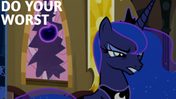 Size: 1920x1080 | Tagged: safe, edit, edited screencap, editor:quoterific, imported from derpibooru, screencap, princess luna, tantabus, alicorn, pony, do princesses dream of magic sheep, behind you, crown, female, gritted teeth, jewelry, luna is not amused, mare, peytral, regalia, teeth, unamused