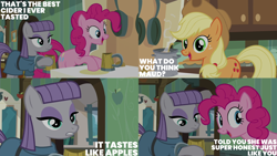 Size: 4400x2475 | Tagged: safe, edit, edited screencap, editor:quoterific, imported from derpibooru, screencap, applejack, maud pie, pinkie pie, earth pony, pony, maud pie (episode), applejack's hat, cider mug, cowboy hat, hat, mug, stetson, trio