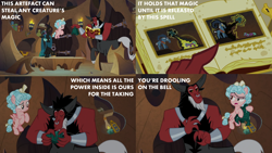 Size: 2000x1125 | Tagged: safe, edit, edited screencap, editor:quoterific, imported from derpibooru, screencap, cozy glow, grogar, lord tirek, queen chrysalis, the ending of the end, bell, drool, grogar's bell