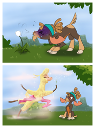 Size: 1900x2550 | Tagged: safe, artist:redahfuhrerking, imported from derpibooru, shanty (tfh), alpaca, goat, them's fightin' herds, blowing, cloven hooves, community related, dandelion, duo, female, paprika (tfh), shanty is not amused, unamused