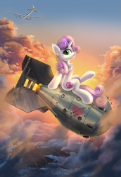 Size: 3445x5000 | Tagged: safe, artist:atlas-66, imported from derpibooru, sweetie belle, pony, unicorn, atomic bomb, boeing, bomb, bomber, dr. strangelove, nuclear weapon, pinup, plane, rds-1, riding a bomb, slim, solo, soviet union, thin, this will end in explosions, tu-4, tu-4 bull, weapon