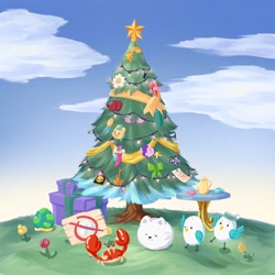 Size: 4096x4096 | Tagged: safe, artist:felldeal, imported from derpibooru, bird, crab, dog, pomeranian, series:daily drawing december, christmas, cloudpuff, critters, flying pomeranian, g5, holiday, kenneth, mcsnips-a-lot, tree, winged dog
