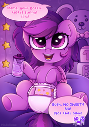 Size: 1690x2403 | Tagged: safe, artist:madelinne, imported from derpibooru, oc, oc only, oc:emilia starsong, pegasus, pony, bottle, commission, cute, diaper, helium voice, open mouth, open smile, potion, smiling