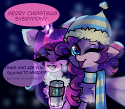 Size: 1620x1412 | Tagged: safe, artist:minty--fresh, imported from derpibooru, pinkie pie, twilight sparkle, pony, unicorn, breaking the fourth wall, bundled up, chest fluff, christmas, clothes, hat, holiday, magic, scarf, smiling, snow, speech bubble, starbucks, striped scarf, telekinesis