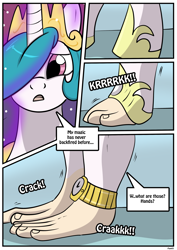 Size: 1614x2283 | Tagged: safe, artist:rex-equinox, imported from derpibooru, part of a set, princess celestia, human, comic:from princess to president, comic, commission, hand, hoof shoes, humanized, pony to human, speech bubble, transformation, watch