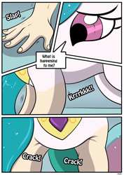 Size: 1614x2283 | Tagged: safe, artist:rex-equinox, imported from derpibooru, part of a set, princess celestia, human, comic:from princess to president, comic, commission, humanized, onomatopoeia, pony to human, sound effects, speech bubble, transformation