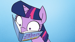 Size: 1316x740 | Tagged: safe, artist:doublewbrothers, imported from derpibooru, twilight sparkle, alicorn, pony, book, bookhorse, cookie, cute, food, my tiny pony, purple smart, reading, research, silly, silly pony, twiabetes, twilight sparkle (alicorn)