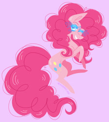 Size: 1280x1433 | Tagged: safe, artist:mermailada, imported from derpibooru, pinkie pie, looking at you, one eye closed, pink background, simple background, smiling, smiling at you, solo, watermark, wink