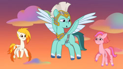 Size: 3072x1727 | Tagged: safe, imported from derpibooru, screencap, pegasus, pony, spoiler:g5, spoiler:my little pony: tell your tale, spoiler:tyts01e42, :o, female, firework-ing together, flare (g5), flying, frown, g5, high res, male, mare, my little pony: tell your tale, open mouth, pegasus royal guard, royal guard, spread wings, stallion, thunder flap, trio, windy (g5), wings, youtube link