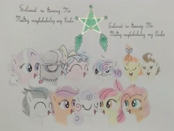 Size: 4160x3120 | Tagged: safe, artist:don2602, imported from derpibooru, apple bloom, babs seed, cozy glow, diamond tiara, pound cake, princess flurry heart, pumpkin cake, rumble, scootaloo, silver spoon, sweetie belle, alicorn, earth pony, pegasus, pony, unicorn, comic:star of christmas, bow, cake twins, cutie mark crusaders, eyes closed, filipino, glasses, hair bow, headband, jewelry, lantern, looking up, necklace, siblings, singing, song reference, tiara, traditional art, translated in the description, twins