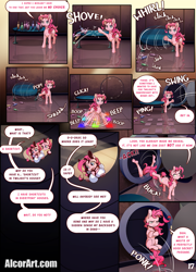 Size: 1275x1775 | Tagged: safe, artist:alcor, imported from derpibooru, pinkie pie, anthro, earth pony, plantigrade anthro, pony, comic:double trouble (alcor), anthro ponidox, barefoot, breasts, busty pinkie pie, comic, duality, duo, duo female, feet, female, mare, pinkie being pinkie, pinkie pie is not amused, self ponidox, unamused