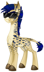 Size: 416x677 | Tagged: safe, artist:nekomellow, imported from derpibooru, oc, oc only, oc:procerus, giraffe, derpibooru community collaboration, 2023 community collab, blue mane, cloven hooves, giraffe oc, mohawk, outline, pale belly, ponyvania, simple background, slim, solo, sunglasses, transparent background, visor, white outline