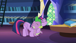 Size: 1920x1080 | Tagged: safe, imported from derpibooru, screencap, spike, twilight sparkle, alicorn, dragon, pony, father knows beast, season 8, spoiler:s08, 1080p, ^^, apology, book, bookshelf, cute, daaaaaaaaaaaw, duo, eyes closed, forgiveness, happy, hug, ladder, mama twilight, spikabetes, twiabetes, twilight sparkle (alicorn), twilight's castle, wholesome, winged spike, wings