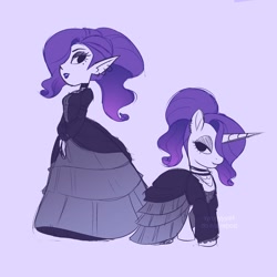 Size: 2500x2500 | Tagged: safe, artist:syrupyyy, imported from derpibooru, rarity, human, pony, unicorn, equestria girls, alternate hairstyle, choker, clothes, dress, elf ears, gothic lolita, hair over one eye, human ponidox, lidded eyes, purple background, self paradox, self ponidox, simple background, solo
