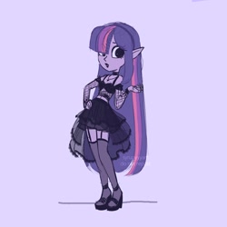 Size: 2500x2500 | Tagged: safe, artist:syrupyyy, imported from derpibooru, twilight sparkle, human, equestria girls, choker, clothes, detached sleeves, dress, elf ears, fishnets, gothic lolita, hair over one eye, midriff, purple background, sandals, simple background, solo, stockings, thigh highs