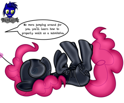 Size: 4154x3460 | Tagged: safe, artist:damlanil, imported from derpibooru, pinkie pie, earth pony, pony, series:becoming submissive, bdsm, blindfold, bodysuit, bondage, bondage mask, boots, catsuit, clothes, collar, comic, commission, corset, female, gag, gimp suit, high heels, hood, latex, latex boots, latex suit, leash, lying down, magic, magic aura, mare, muzzle gag, on back, rubber, shiny, shoes, show accurate, simple background, solo, speech bubble, story, story included, suit, text, transparent background, vector