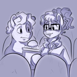 Size: 768x768 | Tagged: safe, artist:smirk, imported from derpibooru, oc, oc only, oc:mayfly, oc:thrush song, braces, chubby, clothes, date, duo, food, freckles, glasses, monochrome, ponytail, popcorn, theater