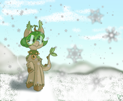 Size: 1774x1454 | Tagged: safe, artist:pagophasia, derpibooru exclusive, imported from derpibooru, oc, oc only, oc:hortis culture, hybrid, pony, blurry, blurry background, cloud, collar, daytime, ear tufts, full body, glasses, hill, horns, leaf, looking sideways, nonbinary, raised hoof, round glasses, smiling, snow, snowfall, snowflake, solo, unshorn fetlocks, wings