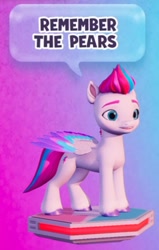 Size: 495x777 | Tagged: safe, imported from derpibooru, zipp storm, pegasus, pony, dialogue, female, g5, gameloft, gradient background, mare, message, my little pony: mane merge, platform, remember the pears, slim, solo, speech bubble, thin, wat