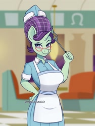 Size: 1620x2160 | Tagged: safe, artist:handgunboi, imported from derpibooru, anthro, unicorn, apron, background pony, clothes, commission, diner, diner uniform, female, glasses, hair net, oc name needed, solo, spatula
