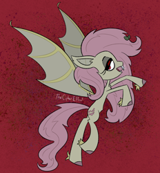 Size: 1060x1140 | Tagged: safe, imported from derpibooru, fluttershy, bat pony, bat ponified, ear fluff, flutterbat, flying, hair accessory, red background, simple background