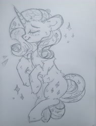 Size: 3137x4129 | Tagged: safe, artist:starkey, imported from derpibooru, rarity, pony, unicorn, chest fluff, cute, ear fluff, eyes closed, full body, glitter, monochrome, sketch, smiling, solo, traditional art