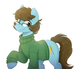 Size: 1000x930 | Tagged: safe, artist:higgly-chan, imported from derpibooru, oc, oc only, oc:modular, earth pony, pony, blushing, clothes, earth pony oc, glasses, looking at you, male, raised leg, simple background, solo, stallion, sweater, three quarter view, white background
