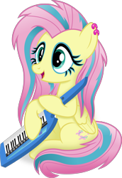 Size: 3088x4498 | Tagged: safe, artist:anime-equestria, imported from derpibooru, fluttershy, pegasus, pony, 80s, alternate hairstyle, cute, ear piercing, female, happy, high res, holding, keytar, mare, musical instrument, piercing, shyabetes, simple background, sitting, solo, transparent background, vector, wings