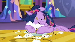 Size: 1920x1080 | Tagged: safe, imported from derpibooru, screencap, twilight sparkle, alicorn, pony, castle sweet castle, season 5, 1080p, adorkable, cuddling, cute, dirty, dork, eyes closed, female, floppy ears, folded wings, food, i'm pancake, majestic as fuck, mare, messy, messy mane, pancakes, puncake, silly, sleeping, sleepy, snuggling, solo, tired, twiabetes, twilight sparkle (alicorn), twilight's castle, whipped cream, wings